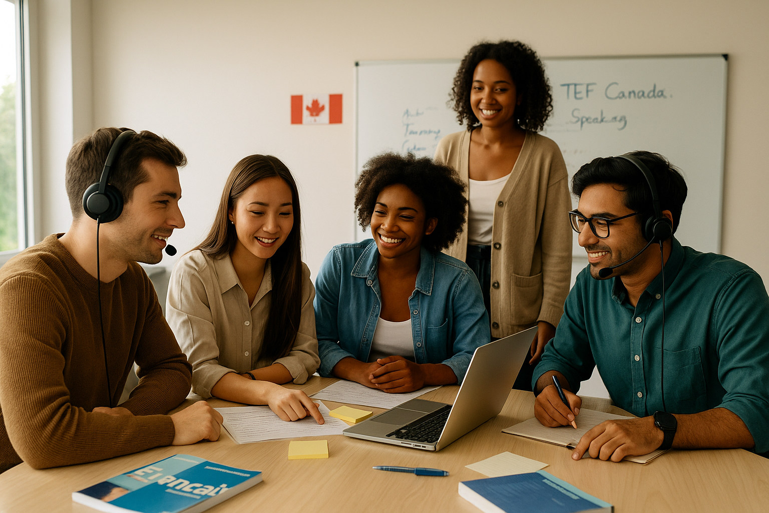 Adult learners practicing TEF speaking tasks